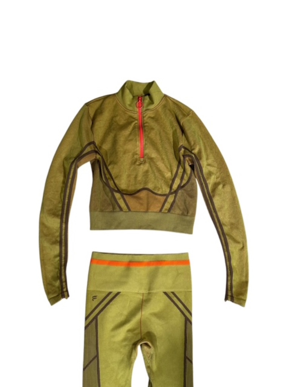 Fabletics 2-Piece Seamless Athleisure Set Olive Green Leggings + Crop Zip Top - Picture 6 of 7